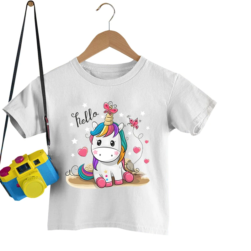 

Hello Unicorn Print T-shirt Children Boys Girls Summer Casual T-shirts Round Neck Short-sleeved T-shirts Fashion Kids Tee Shirts