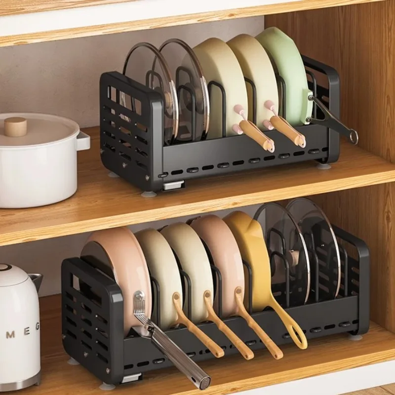 Adjustable Expandable Pot Rack, Under Sink Organizer for Cookware, Space Saving Kitchen Cabinet Shelf, Carbon Steel