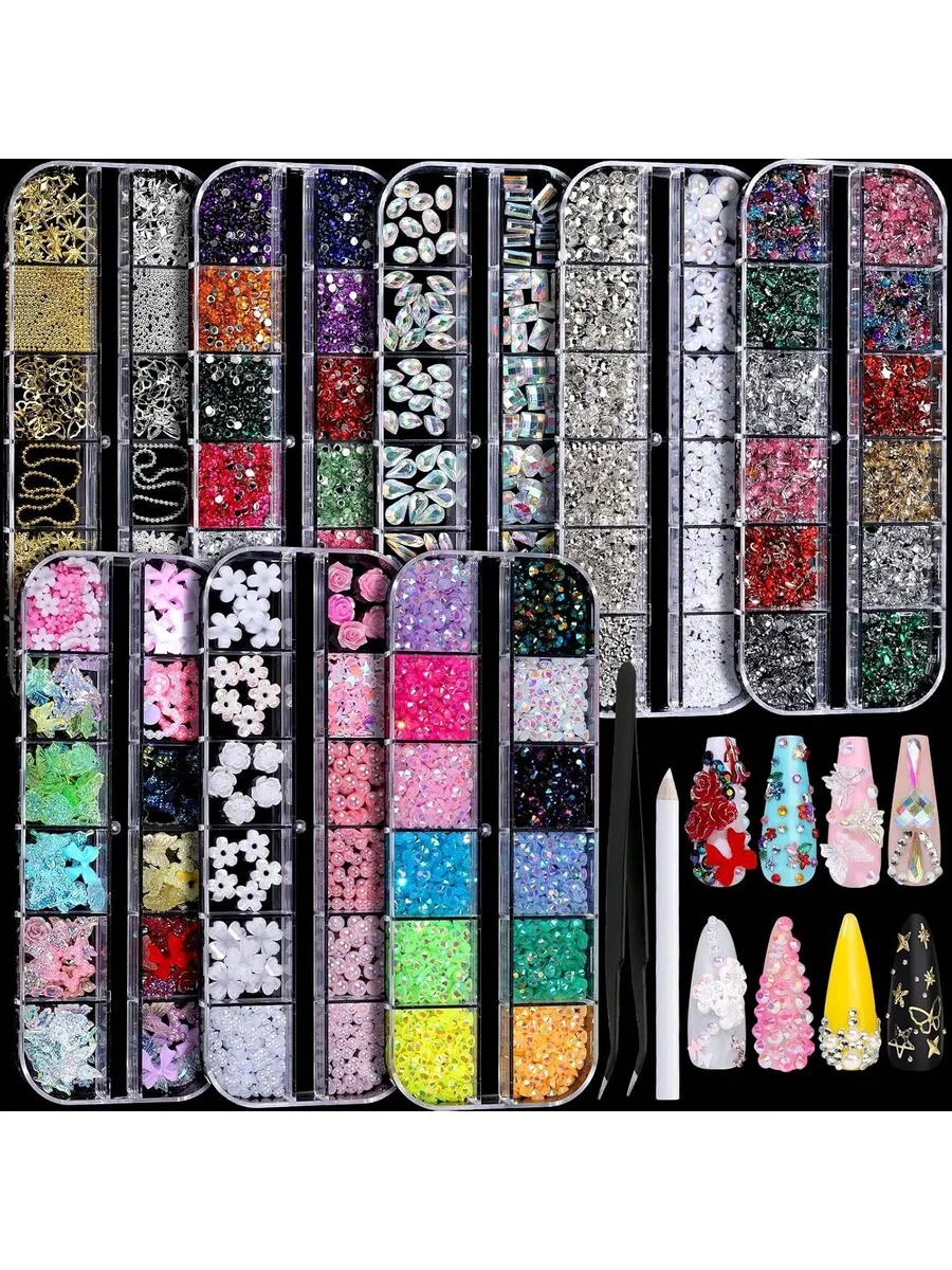 

Nail Charms Kit With 8 Boxes Rhinestones 3D Gems Pearls For Manicure Craft