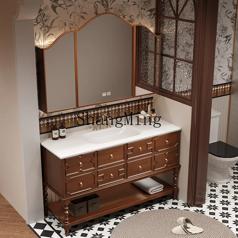 

ZYY household retro style bathroom cabinet combination bathroom washbasin rock slab hot bending integrated basin
