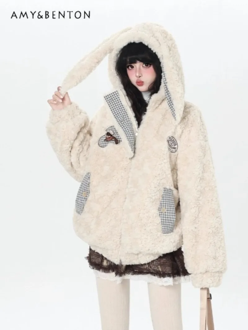 

Japanese College Style Cute Cartoon Embroidered Hooded Lamb Wool Coat Winter New Sweet Thick Warm Loose Casual Coat Women