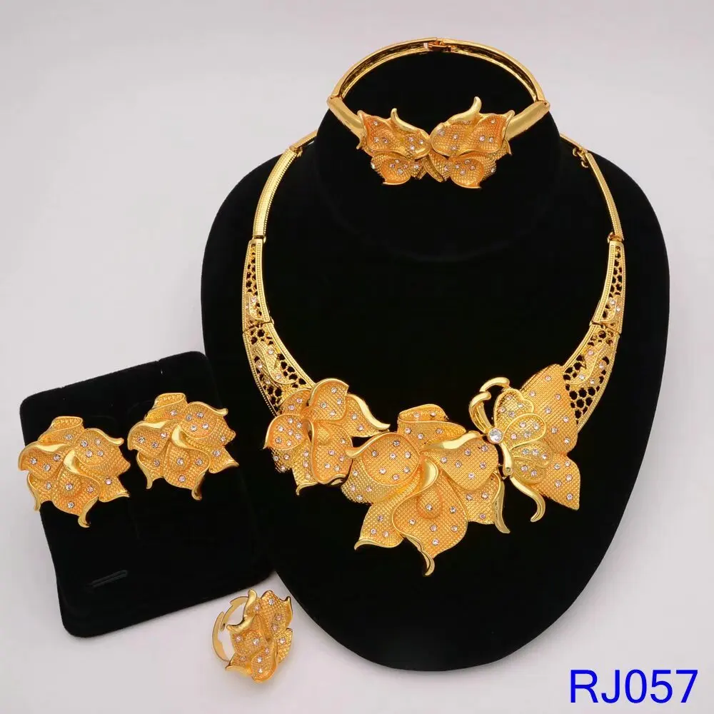Luxury African Women Gold Plated 4pcs Jewelry Set Bridal Wedding Necklace Earrings Ring Bracelet Party Gifts