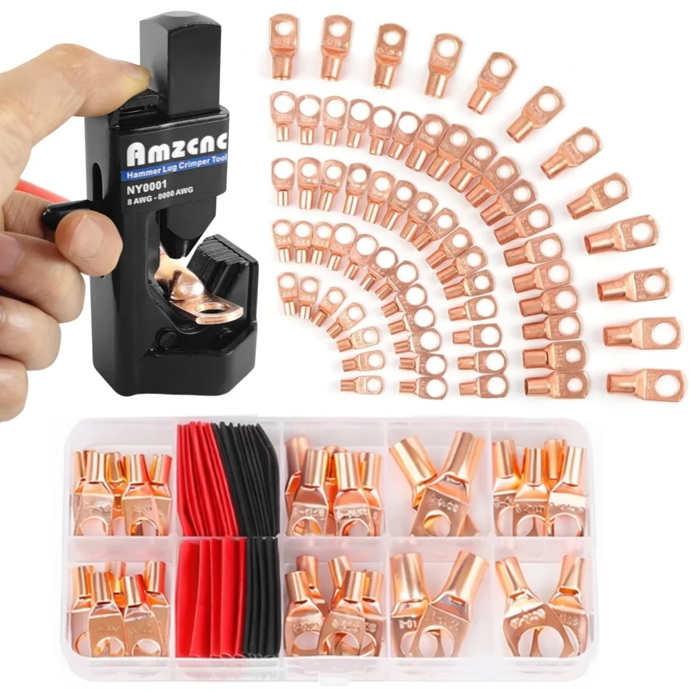 Hammer Lug Crimper Tool for 0000 AWG 4/0 Battery Welding Cables, Copper Ring Terminal Kit with Heat Shrink Tubing AWG 4-12
