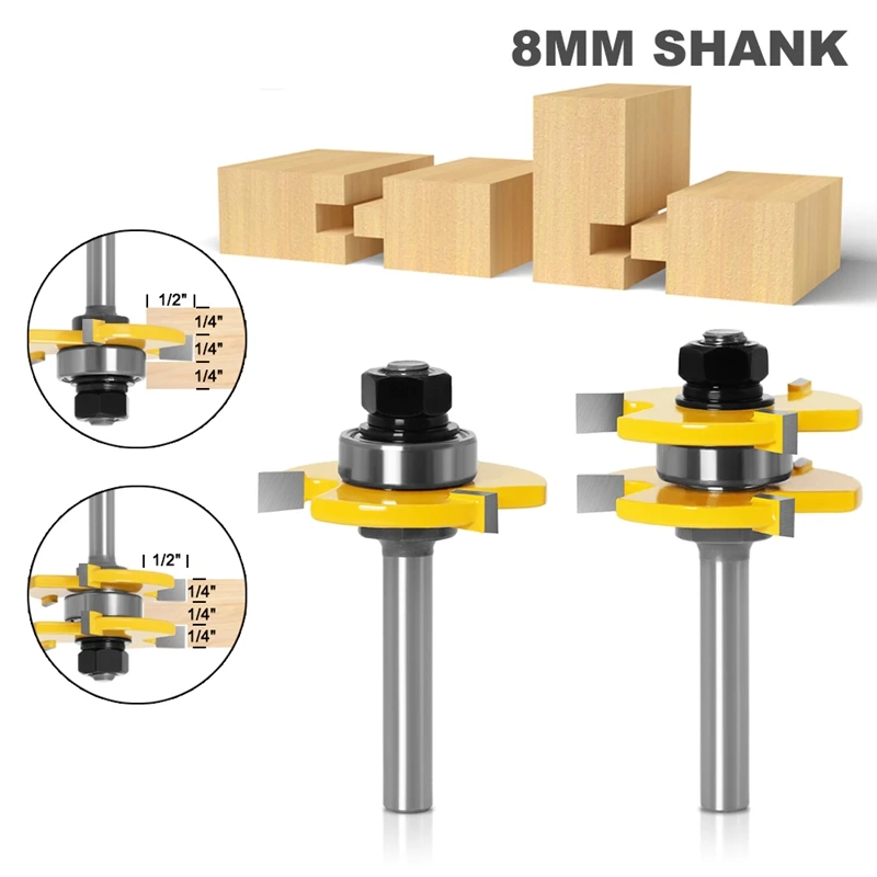 2 Pc 8Mm Shank High Quality Tongue & Groove Joint Assembly Router Bit Set 3/4 Inch Stock Wood Cutting Tool