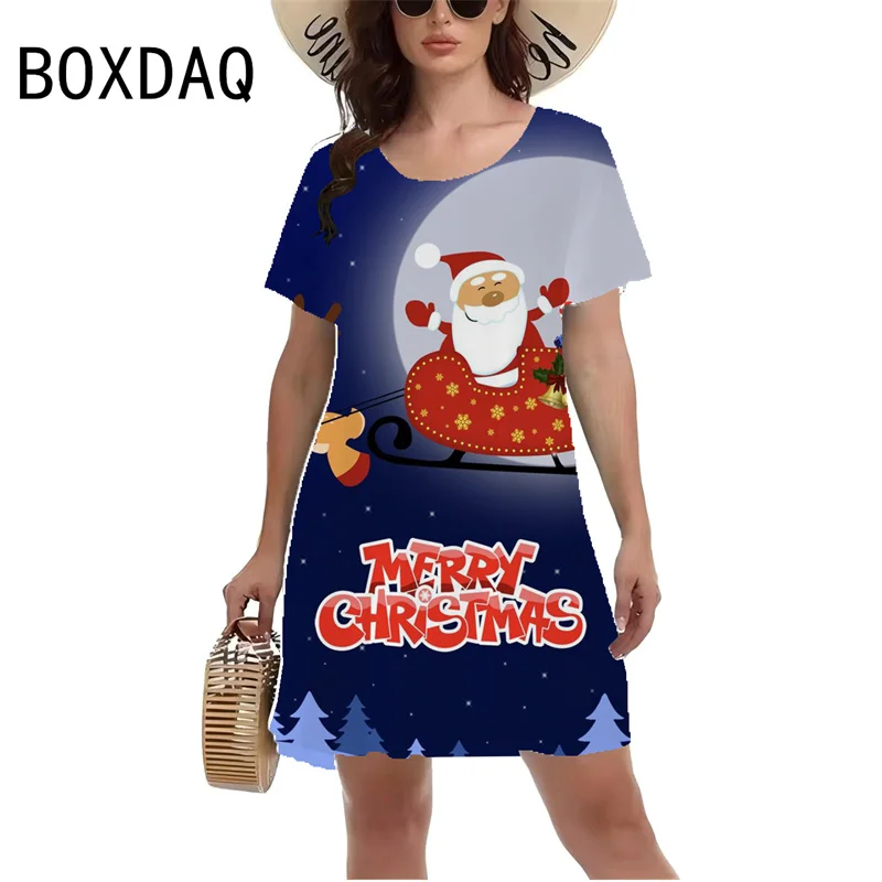 

New Fashion Women's Christmas Dress Short Sleeve O-Neck Casual A-Line Dress Fun Santa Claus Reindeer Print Dress S-3XL Vestidos