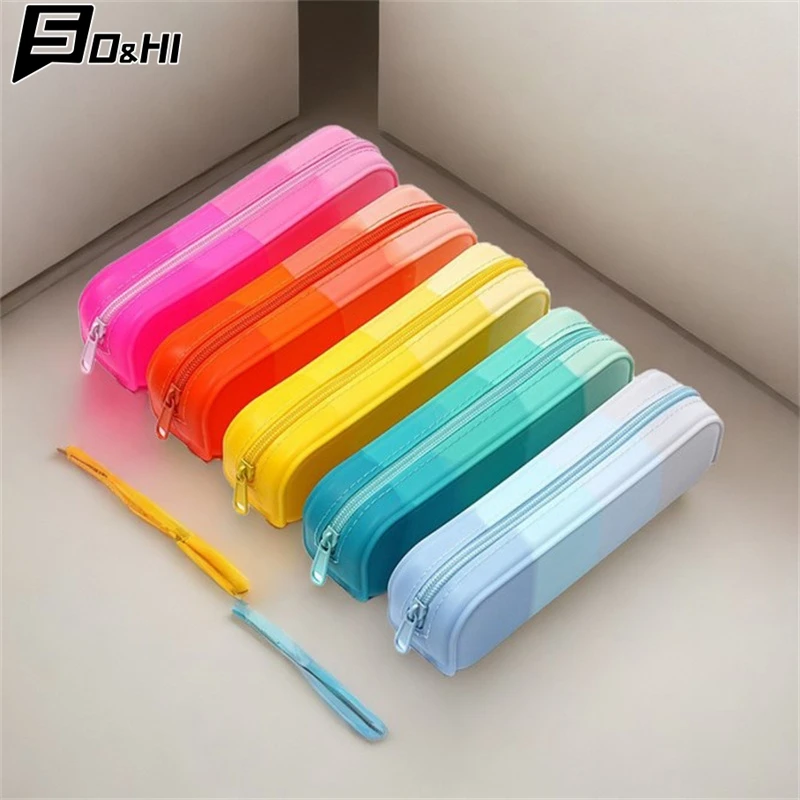 Soft Silicone Gradiente Cor Lápis Caso, Saco De Armazenamento De Grande Capacidade, Kawaii Material Escolar, Papelaria Estudante