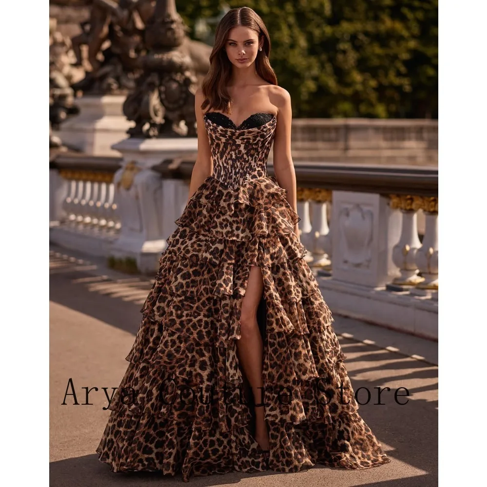 Leopard Print Strapless Sweetheart Neck Corset Waist Multi-Layer Ruffle High Slit Tulle Maxi Formal Evening Party Gala Dress