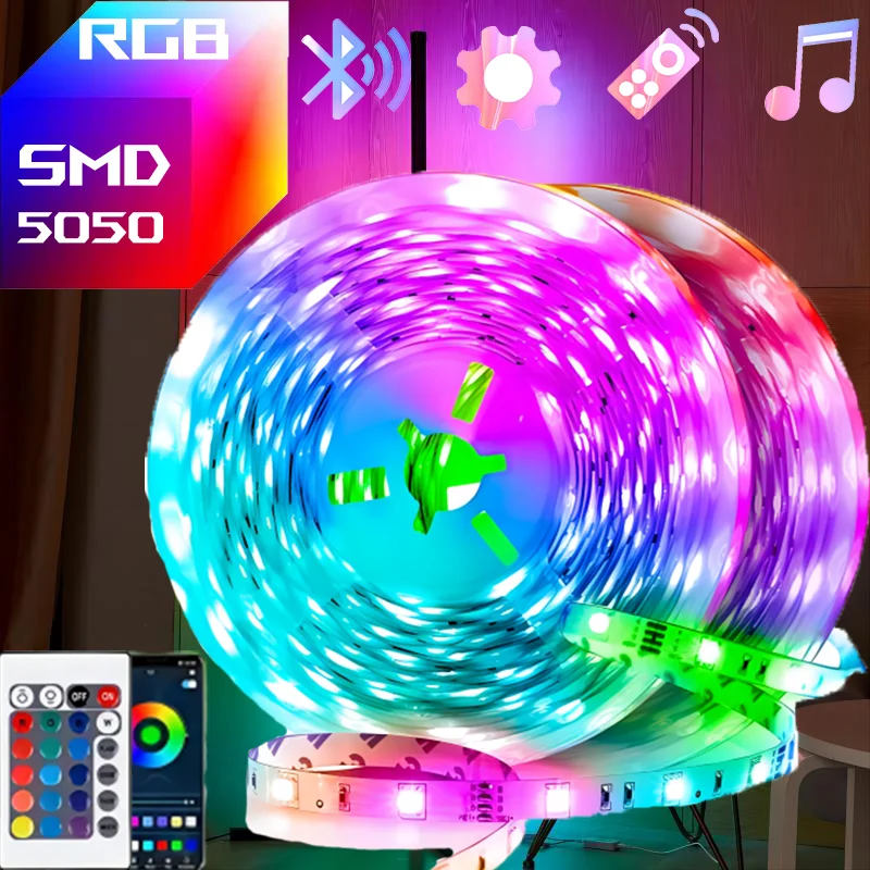 Bluetoothとリモートコントロールを備えたLEDストリップライト,5050 rgb,アプリ付き,1m, 2m, 3m, 4m, 5m, 10m, 15m, 20m,USBウォールデコレーション用バックライト