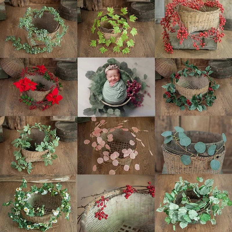 

Newborn Photography Prop Basket Stuffer Simulated Green Plants Accessorie Christmas Daisy Rattan Strip Vine Studio Shooting Flow