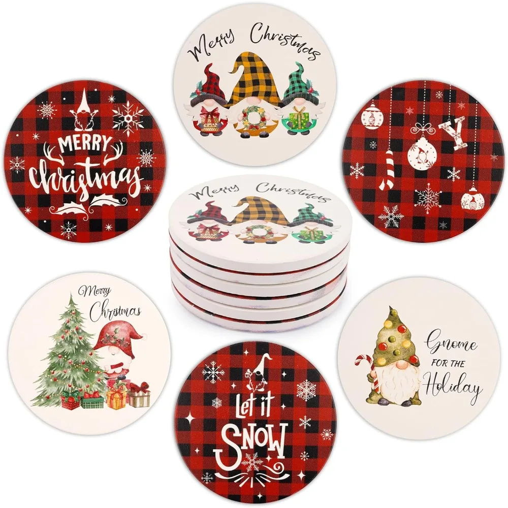 

Christmas Coasters - 6 Pcs Christmas Ceramic Coasters Black Plaid Xmas Tree Snowflake Truck Cup Coaster For Home Kitchen Office