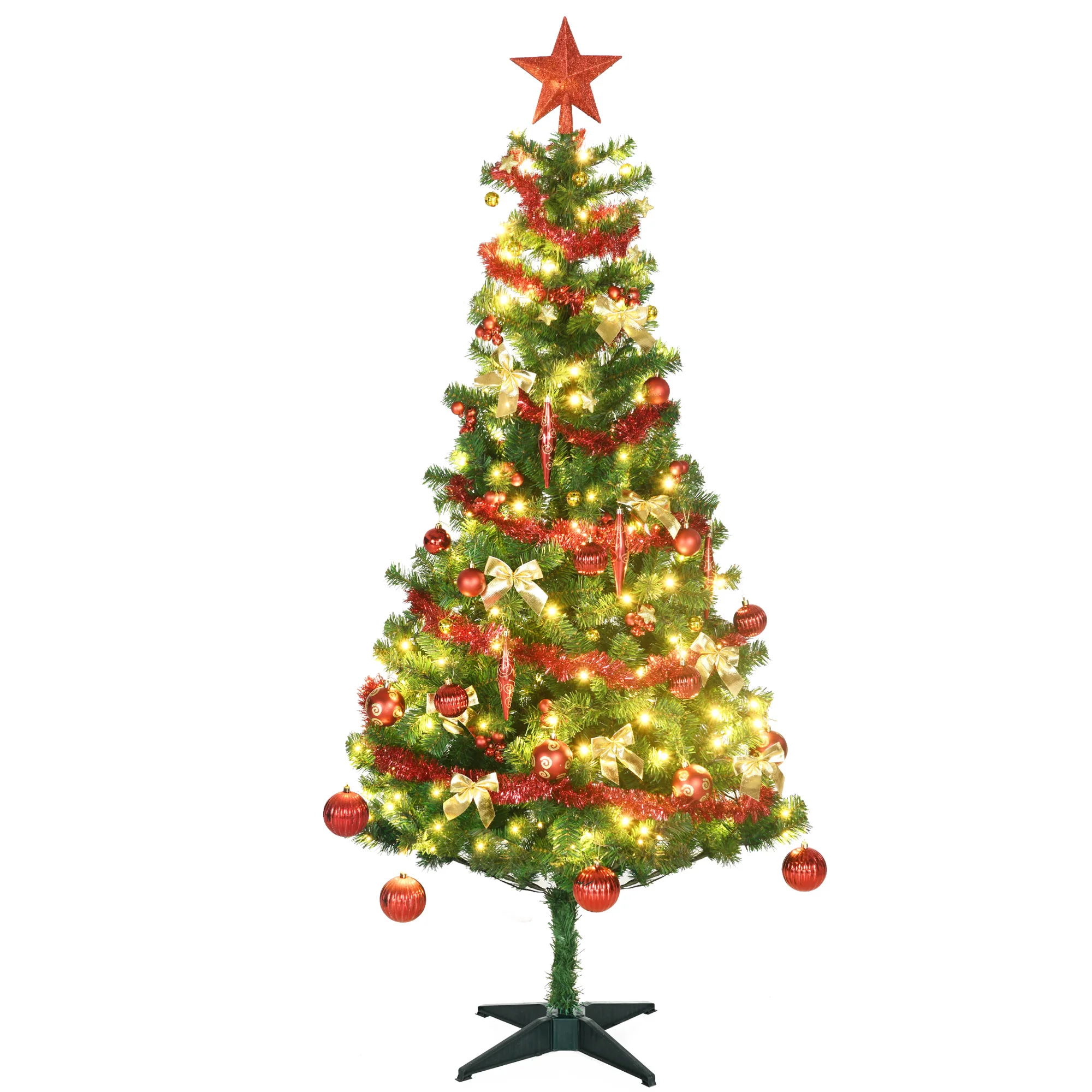 HOMCOM 180 cm Artificial Christmas Tree with 150 LED Lights with 8 Modes Lighting 480 Branches Christmas Tree with 100 Decorations Steel Bracket Ø 86x180 cm Green