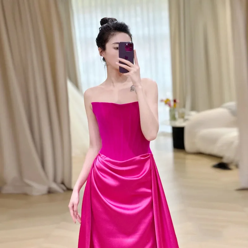 Pink Evening Dress Women Niche Rose Red Tube Top Strapless Sexy Gown Party Mermaid Dress Bridal Wedding Toast Dress