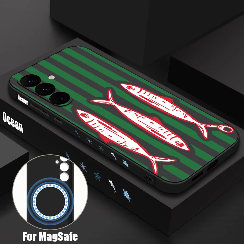 Magnetic Phone Case For Samsung Galaxy S26 S25 S24 Ultra S23 S24 S25 FE S22 For Magsafe Cartoon Sardine Pattern Soft TPU Cover