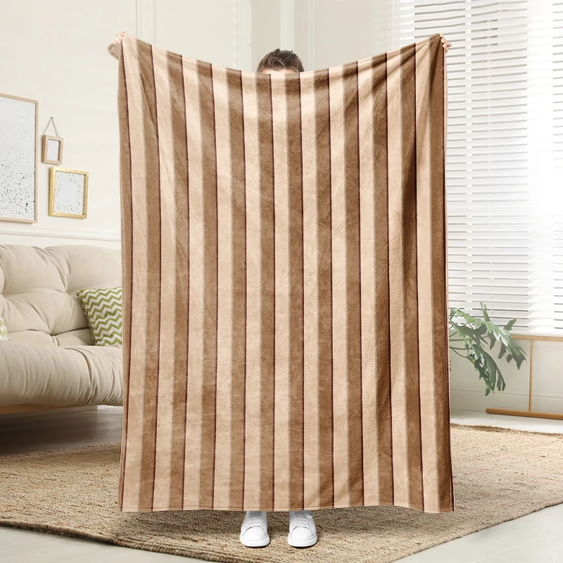 

Brown Stripe Flannel Blanket Soft Warm Cozy Throw Minimalist Home Decor for Sofa Bed Couch