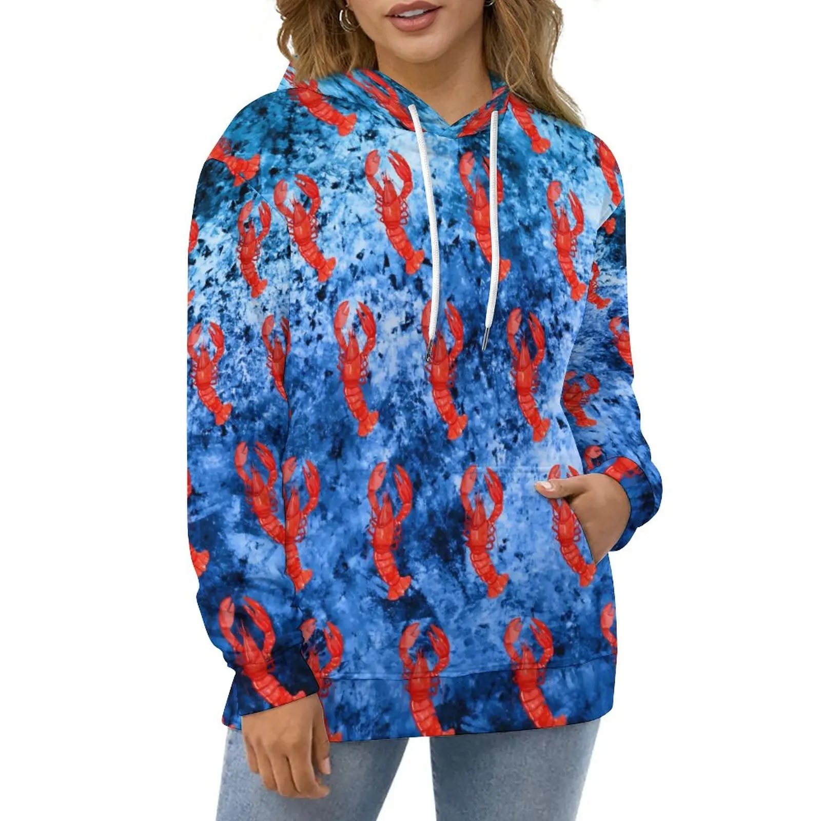 

Lobsters Print Casual Hoodies Nautical Waves Kawaii Hoodie Ladies Long Sleeve Hip Hop Graphic Loose Oversized Clothes