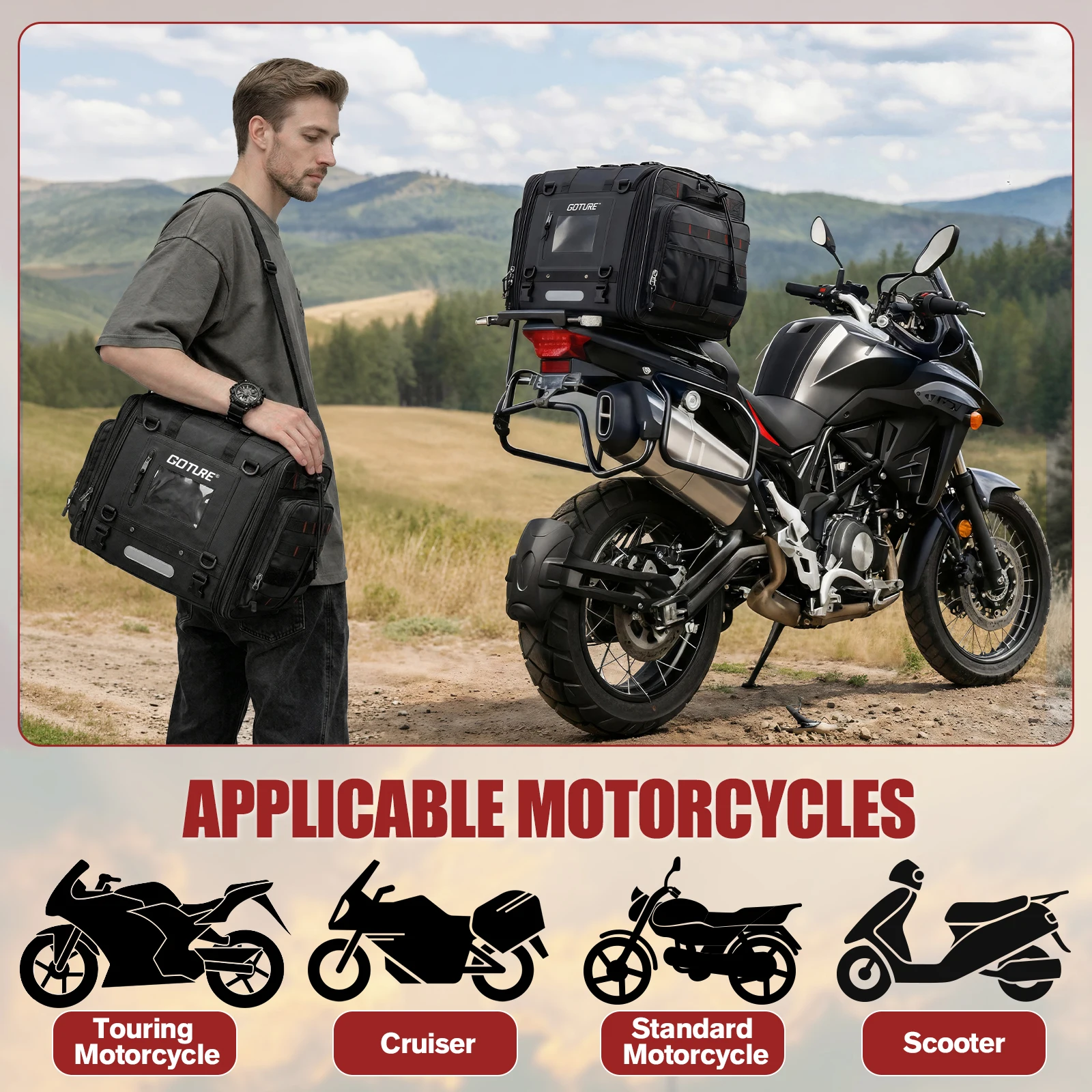 

Портативная складная сумка для мотоцикла Goture, 50-70 л, расширяемая, водонепроницаемая, идеально подходит для туризма, кемпинга и ежедневных поездок