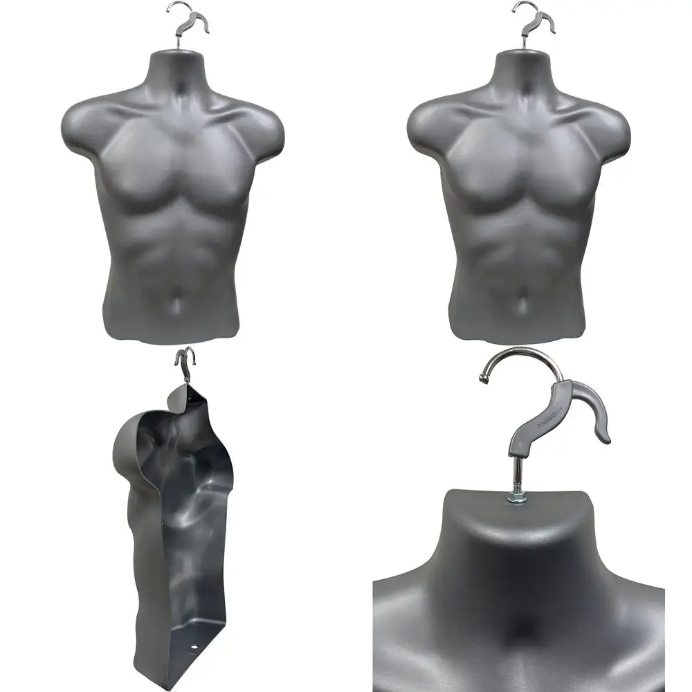

Набор из 4 серых штабелируемых мужских манекенов для одежды размеров S-M с полой спинкой и крючками для подвешивания