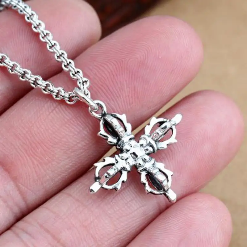 925 Sterling Silver Pendant Cross Vajra Sweater Chain Pendant For Men And Women Buddha Jewelry