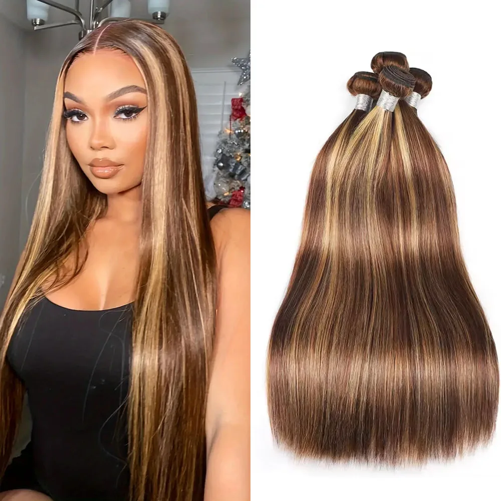 

3 Pcs Extension Wig P4/27 Straight Hair Bundles 100% Brazilian Remy Human Hair Wig P4/27 Bundles For Women