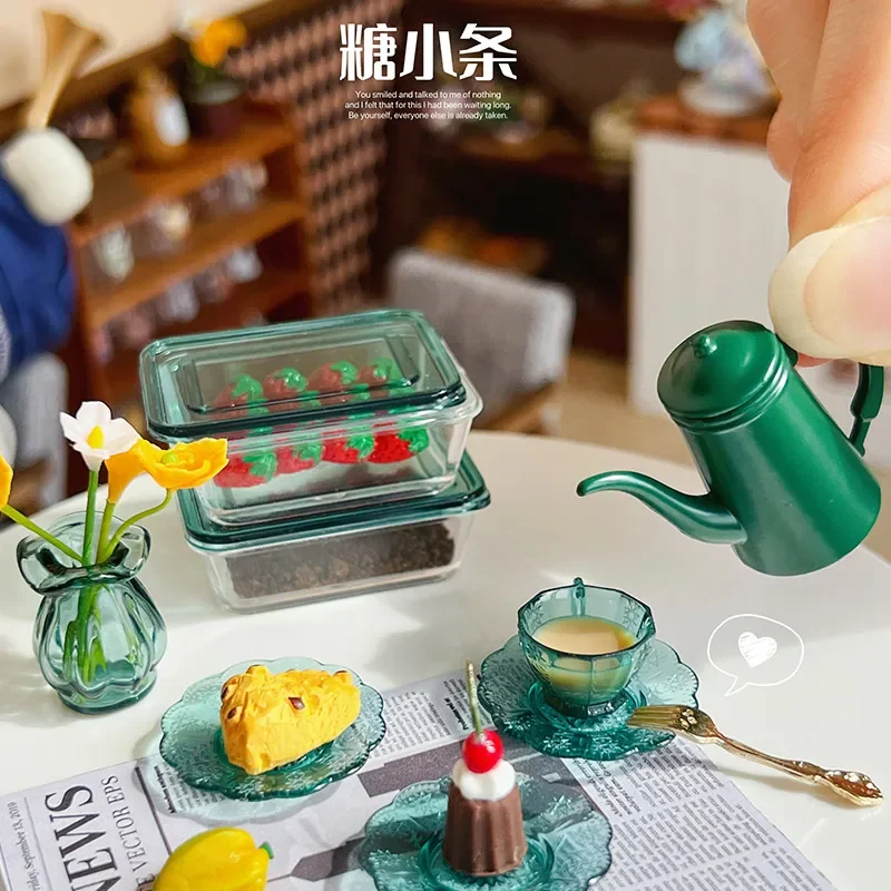 Doll House Coffee Cup and Saucer Set Transparent Simulation Cup and Saucer Miniature Storage Box Mini Kitchen Scene Accessories