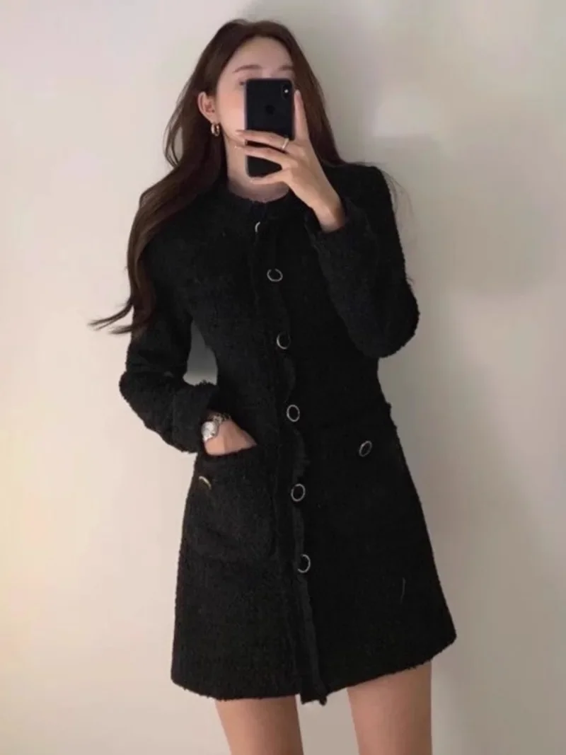 MiiiiX French Elegant Thicken Short Tweed Dress Coat Women Long Jacket 2024 Autumn Tassel Waist Slim O-neck Dress Female Clothes