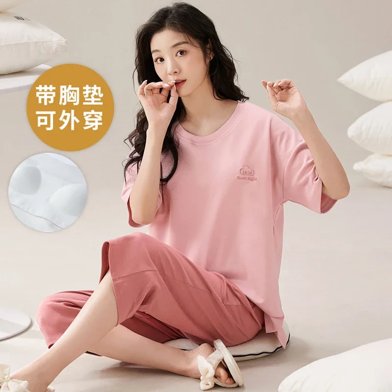 Calf Length Pant Short Sleeves Cotton Pajamas Set for Women 2024 New Fashion Home Clothes M-2XL Loungewear pijamas women