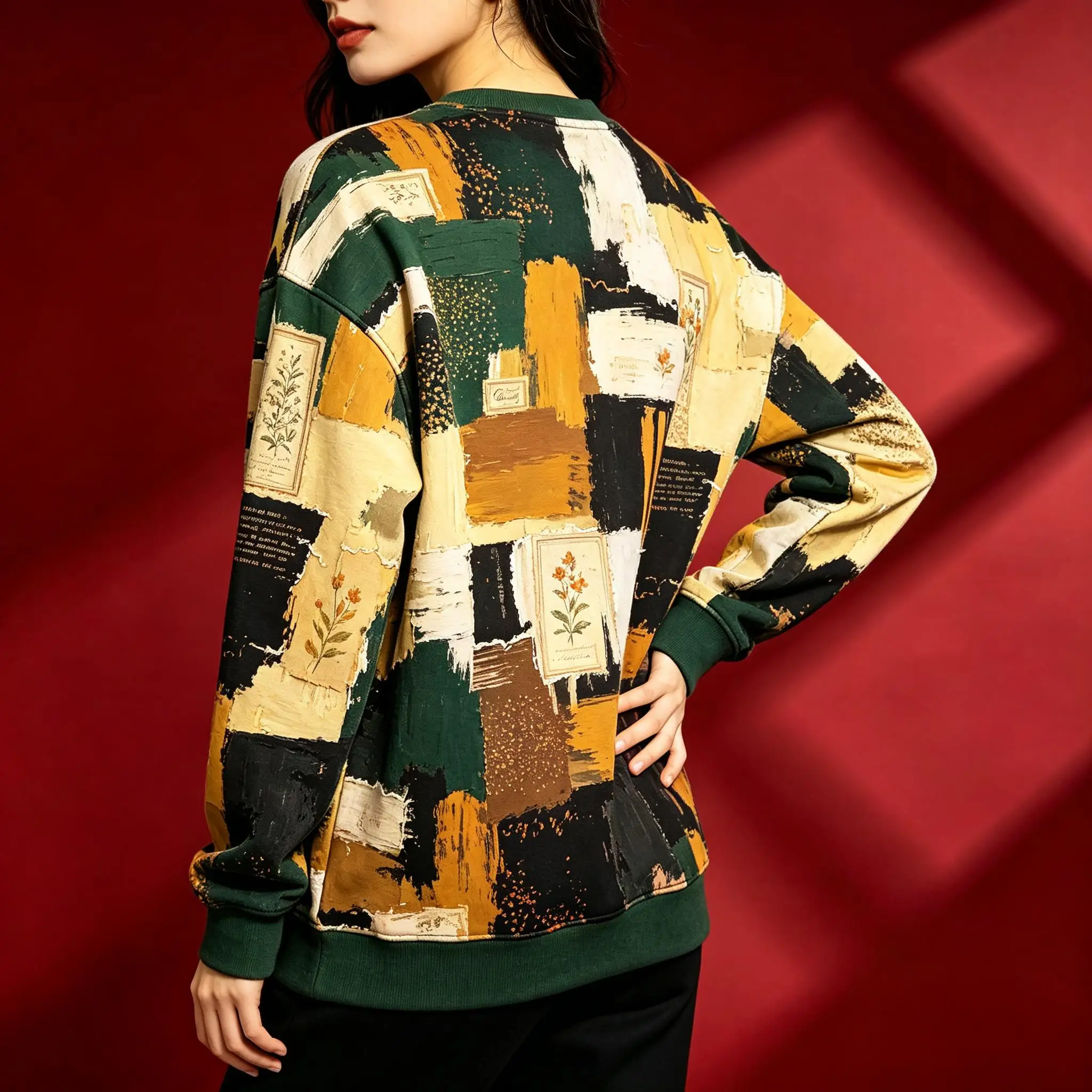 Women Crew Neck Fleece Sweatshirt Red Abstract Patchwork Graffiti Print Long Sleeve Loose No Hood Warm Pullover