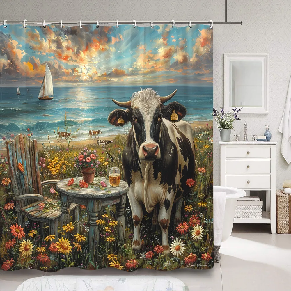 Highland Cow Shower Curtain Rustic Countryside Plant Flower Oil Painting Creative Polyester Fabric Shower Curtain Bathroom Decor