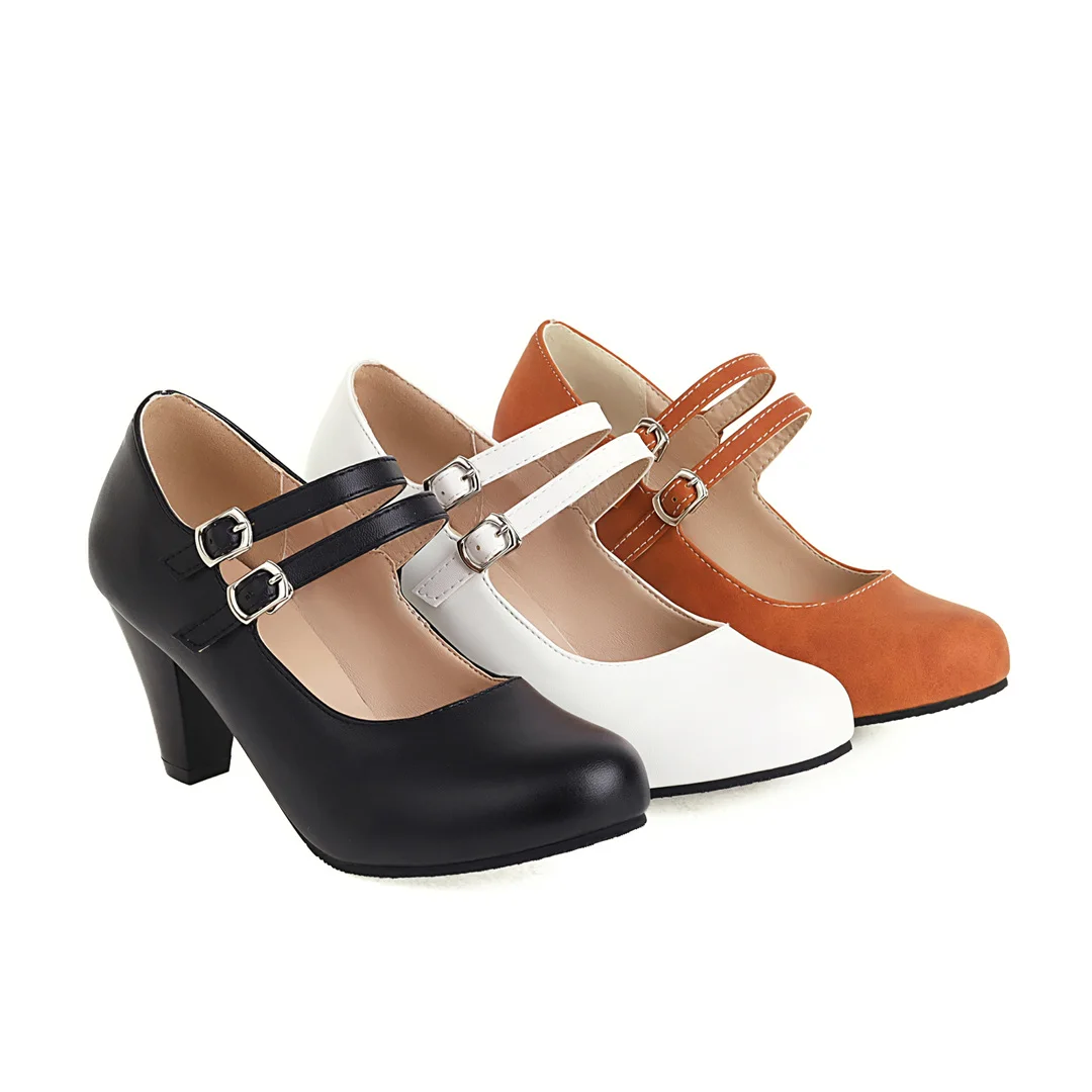 Women's Mary Jane Vintage Heels Chunky Platform Dress Pumps Double Strap Faux Leather Shoes Round Toe Fashion Office Lady