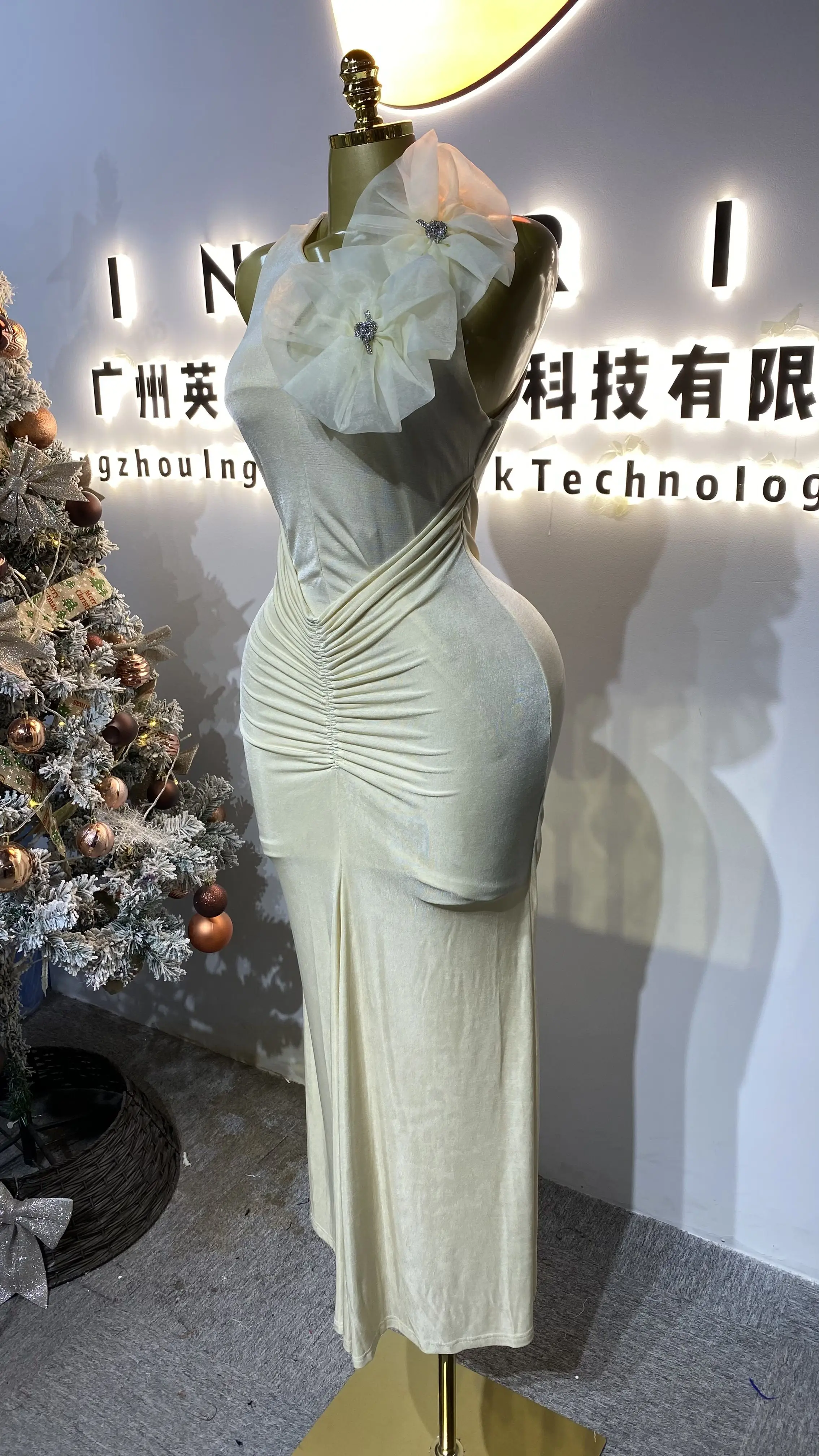 Elegant mermaid pleated Maxi evening gown, summer three-dimensional women's wear, washable woven dress-GZXX302