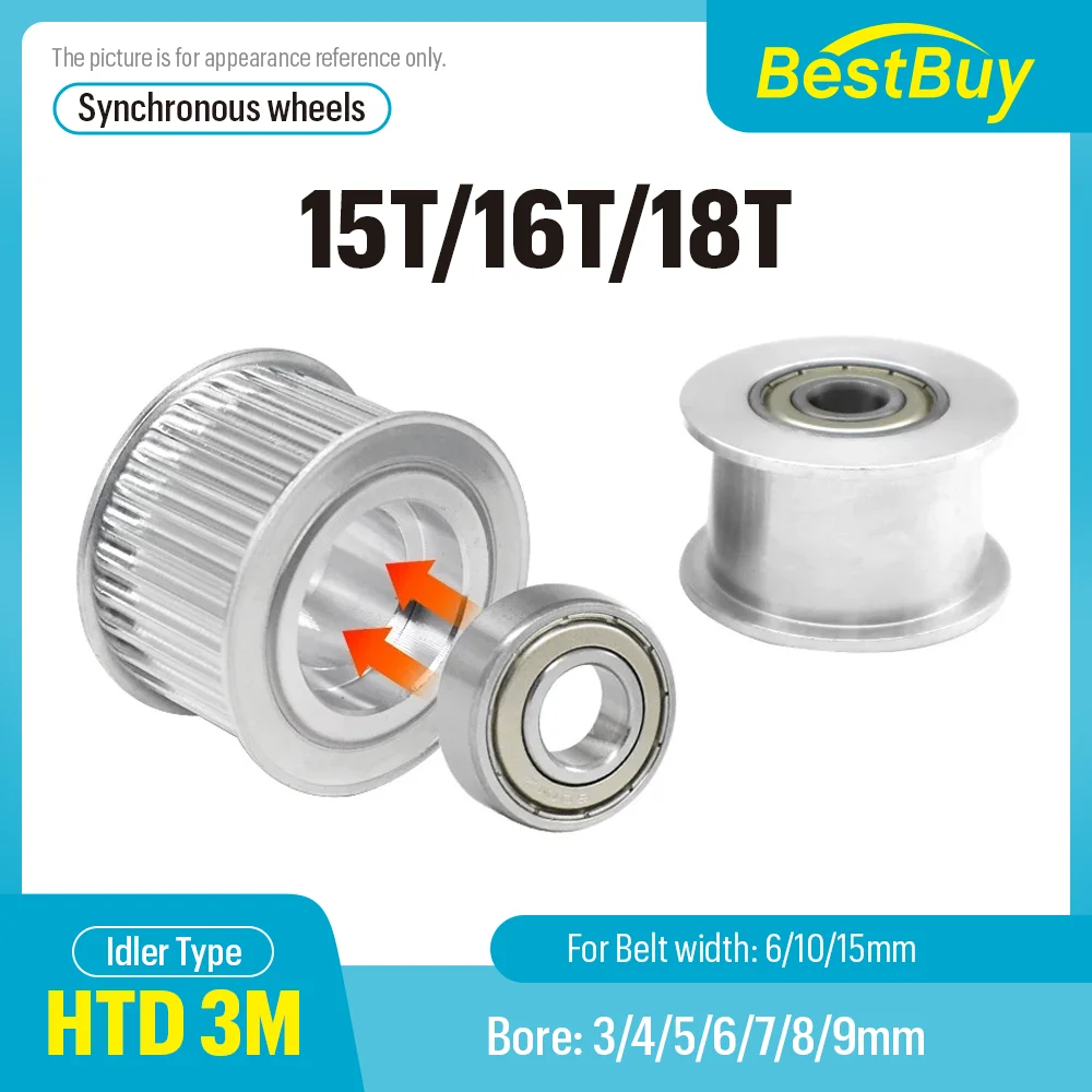 

HTD 3M 15T/16T/18Teeth tensioner adjustment guide wheel with bearing Timing idler Belt width 6/10/15mm Bore 3/4-9mm