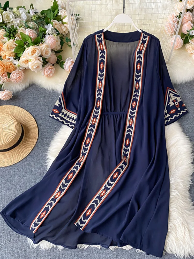 SEDUTMO Summer Bohemian Pareo Beach Kimono Women Embroidery Cover Up Long Fashion Poncho Cardigan Chiffon Shirt ED1875