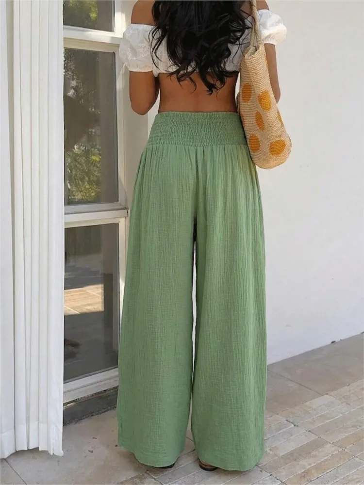 Women Smocked High Waist Wide Leg Pants Spring Autumn Fashion Solid Color Loose Trousers Casual Beach Vacation Versatile Pant
