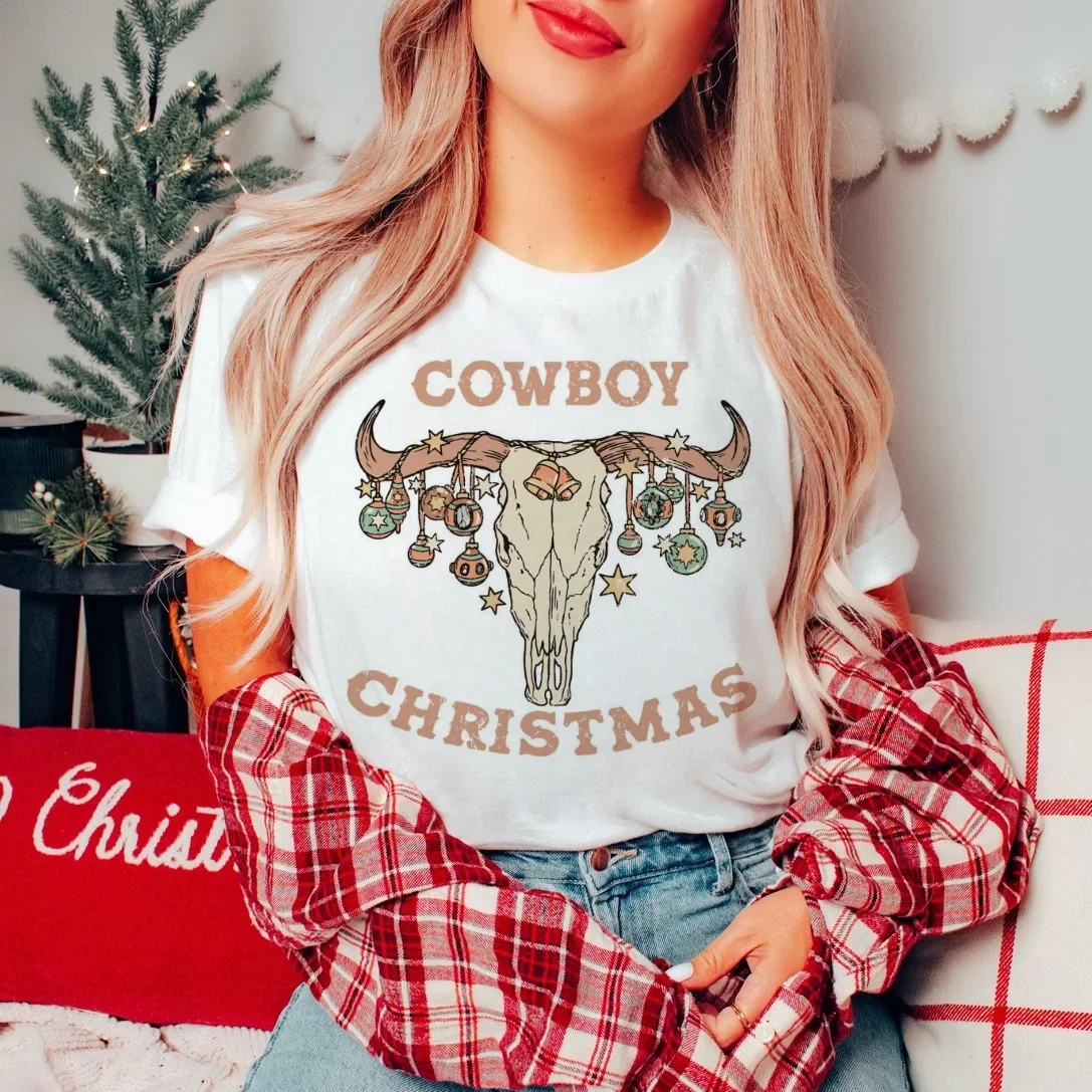 T-Shirt Top Vintage Cowboy Christmas Highland Cow Short Sleeve Pattern Cartoon Casual Women's Printed Basic Cute O-Neck T-Shirt