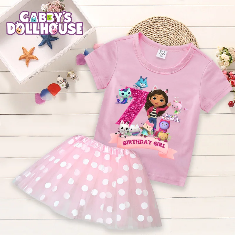 

2pcs Gabby's Dollhouse Girls Dress Set Birthday Number T-Shirt Polka Dot Tutu Skirt Sets Toddler Princess Clothes Dresses Suit