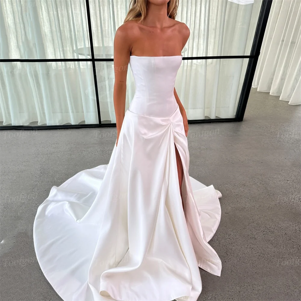 Toofgon Satin Customized Bride Wedding Dresses Strapless Wedding Photography Bridal Gowns Slit Formal Occasion Party Prom Dress