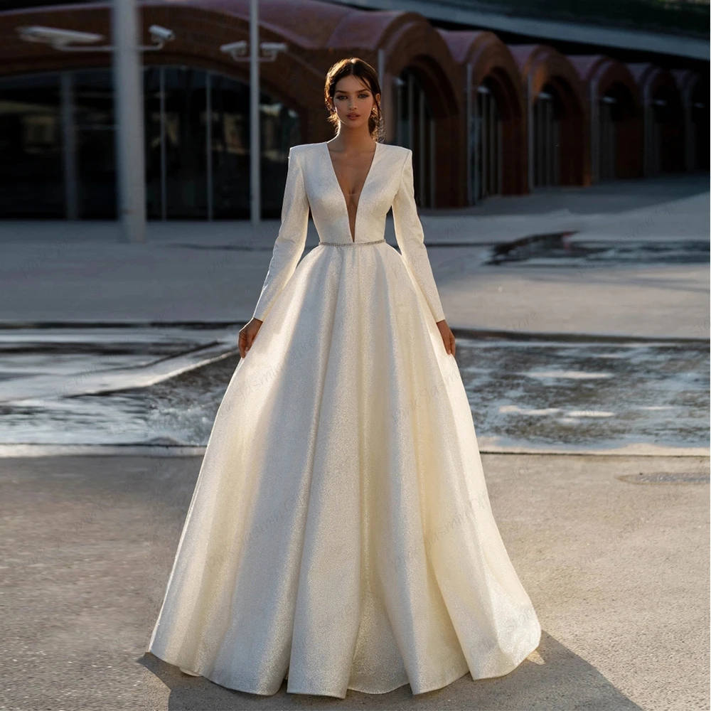 Elfenbein V-ausschnitt Volle Hülse Hochzeit Kleider Reich Stretch Satin Prom Kleider Zipper Zurück 2023 Sommer Neue Luxus Vestidos De novia