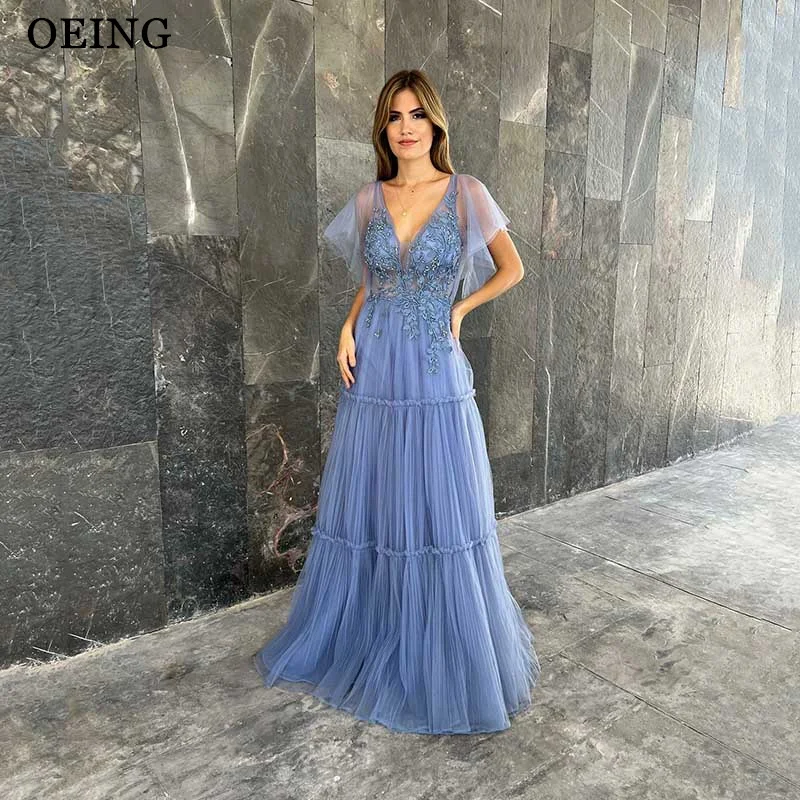 

OEING V-Neck Elegant Ruffles Evening Dress Floor Length Tulle Tiered Pleated Prom Dresses Vestidos De Noche For Formal Occasion