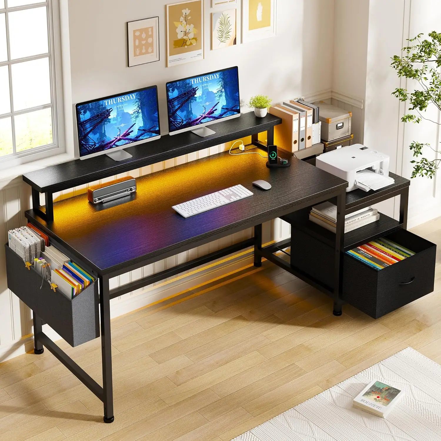 

57" Computer Desk with Drawers and Printer Space,Office Desk with Power Outlets,Drawers Cabinet,with Shelves Monitor Stand,Black