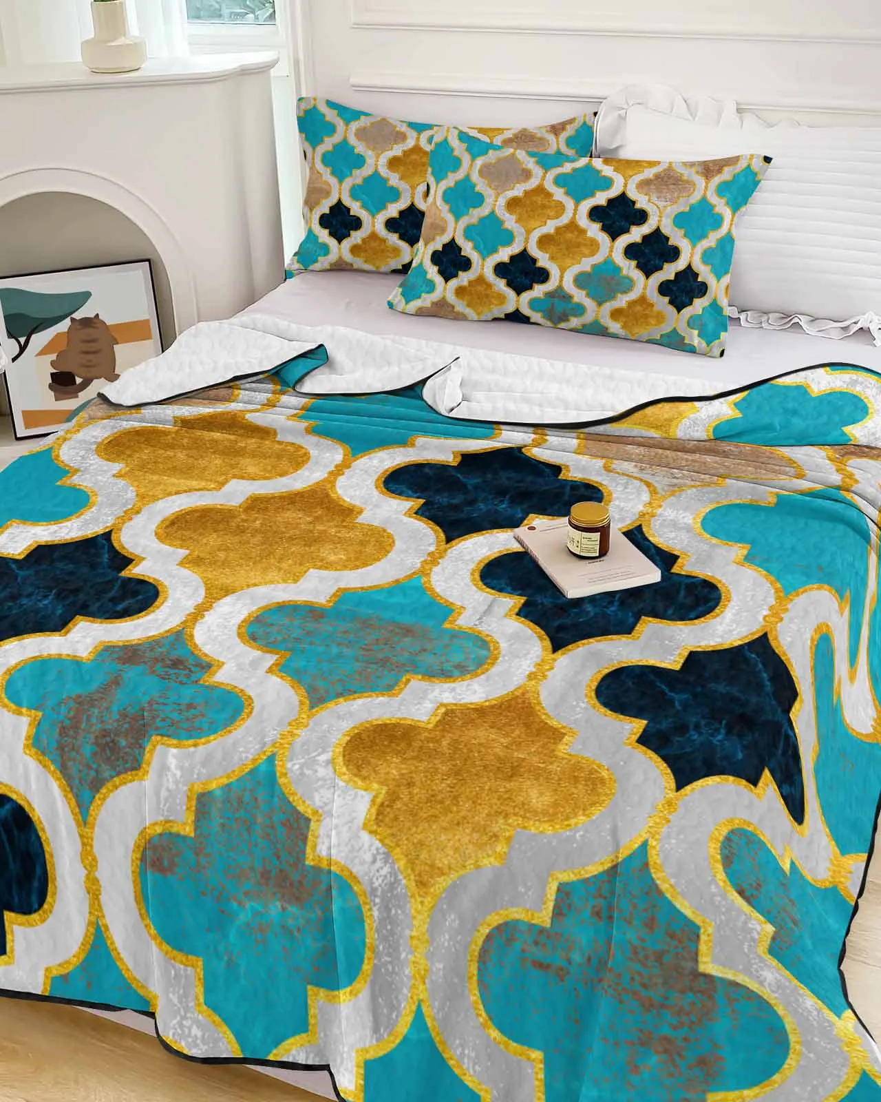 

Abstract Paint Moroccan Retro Blue Green Yellow Summer Cooling Quilt Air Condition Blanket Comfortable Lightweight Thin Quilt