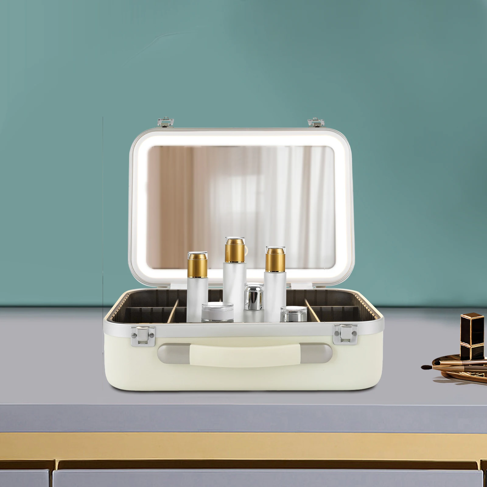 

Портативный футляр для хранения косметики, светодиодный туалетный столик с 3 цветовыми температурами и сенсорным управлением, прямоугольный, 34*24*12 см