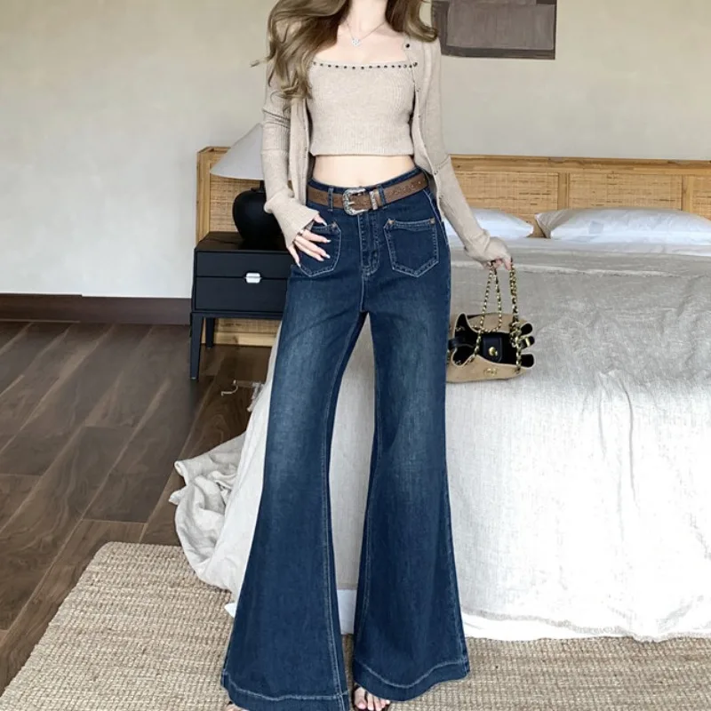 الرجعية عالية الخصر واسعة الساق الجينز النسائية Faion تنوعا درا السراويل الطويلة الخريف جديد Sle تأثير التخسيس جرس بوت