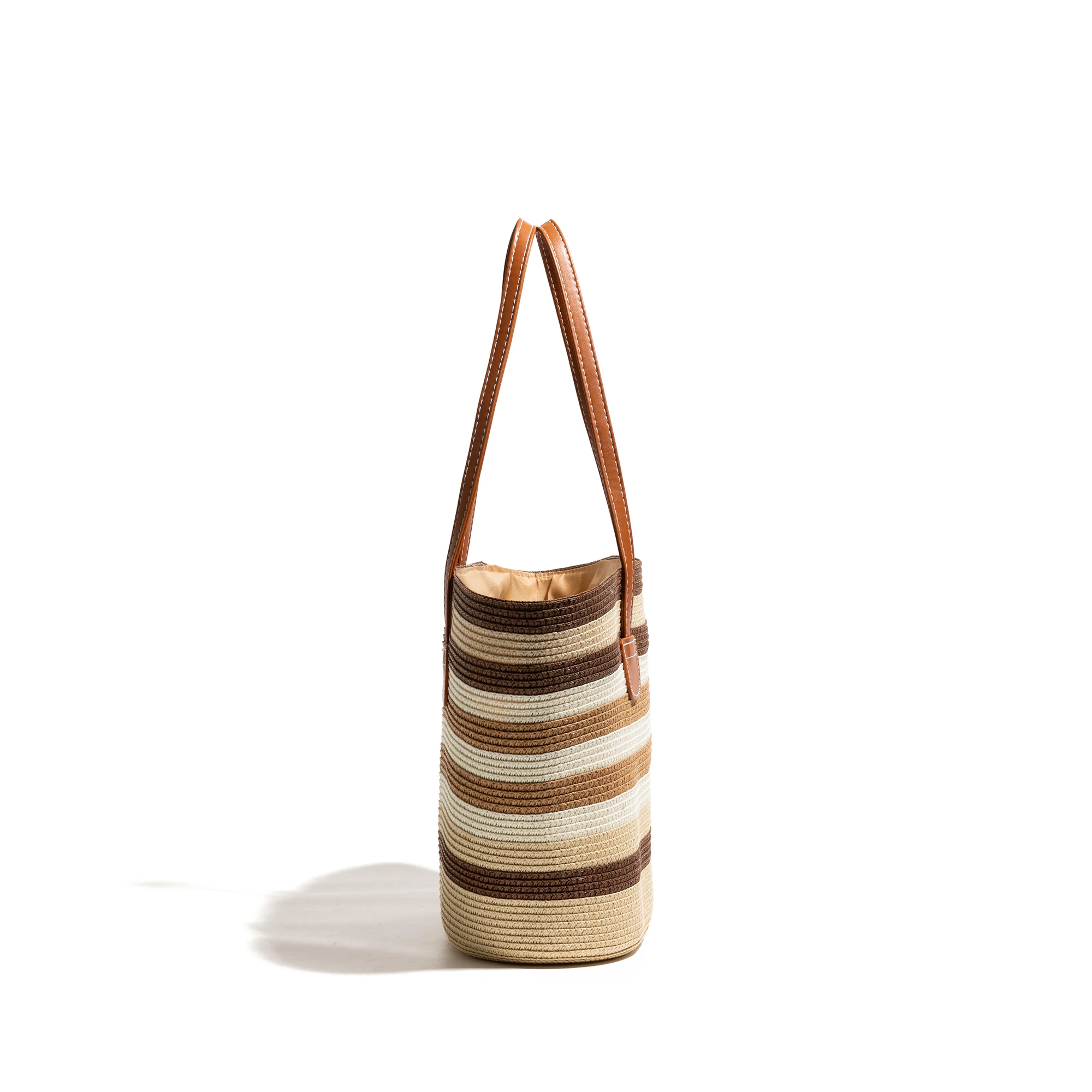 CKKUI Vintage Casual Striped Woven Basket Bag, Summer Vacation Shopping Handbag, Leather & Straw Shoulder Bags