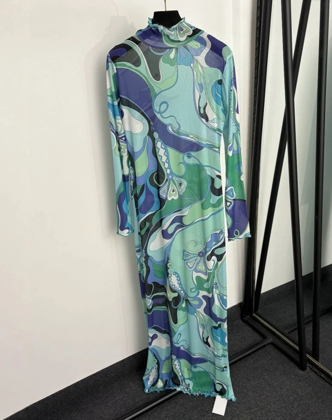 Party fashion elegant geometric color blocked printed floor length skirt, semi high neck slim fit long sleeved mesh dress image 3