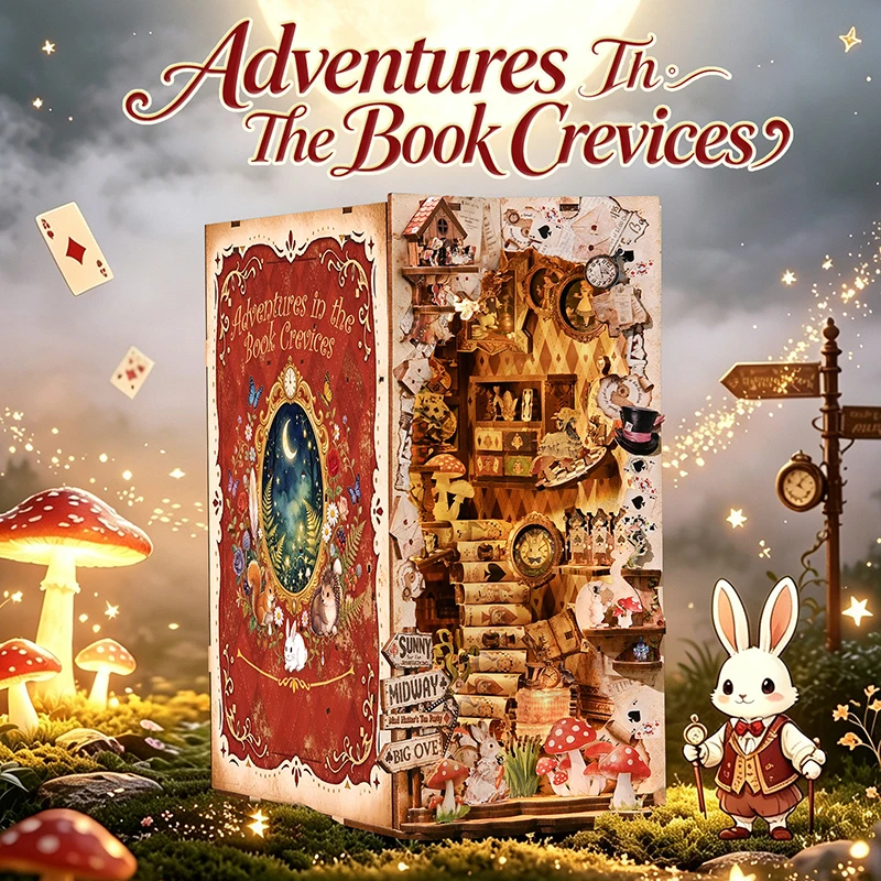 Adventure In Book‑Gap DIY 3D Wooden Bookend Miniature House Building Kit, Hand‑assembled Micro‑Scene Ornament, Creative Gift