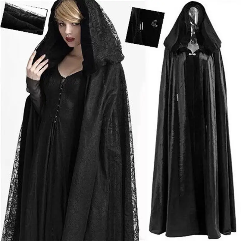 

Готический костюм ведьмы в стиле барокко с кружевным капюшоном, ролевой женский длинный плащ на Хэллоуин, полиэстер, китайское производство