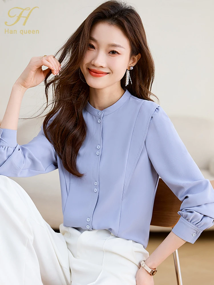 H Han Queen 2024 Spring Autumn Simple Elegant Blouses Korean Women\'s Clothes Loose Casual Vintage Shirt Office Long Sleeve Top