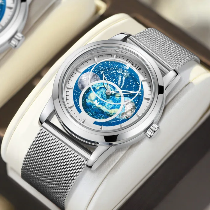 Personality Three-body Rotating Starry Sky Pattern Hot Selling Decorative Creative Unique Quartz Watch Leather Male Watch Clock