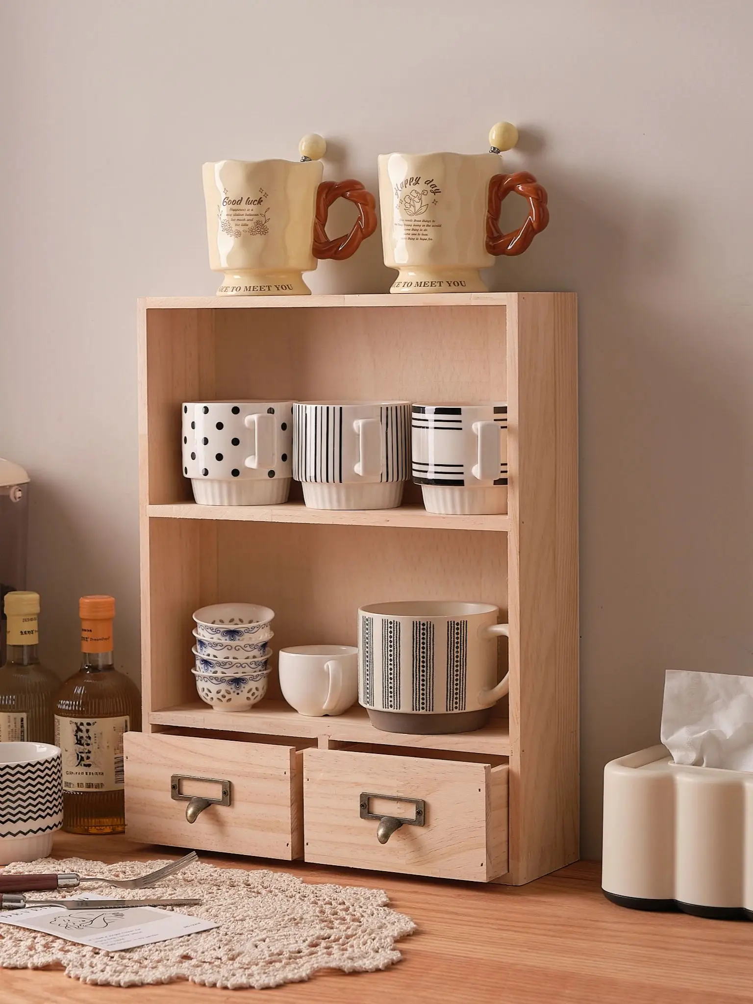 Wooden Desktop 3 Tier Organiser, Home Toy Display Rack, Cups & Books Storage with 2 Drawers, Mini Office Shelf,Delicate Decor