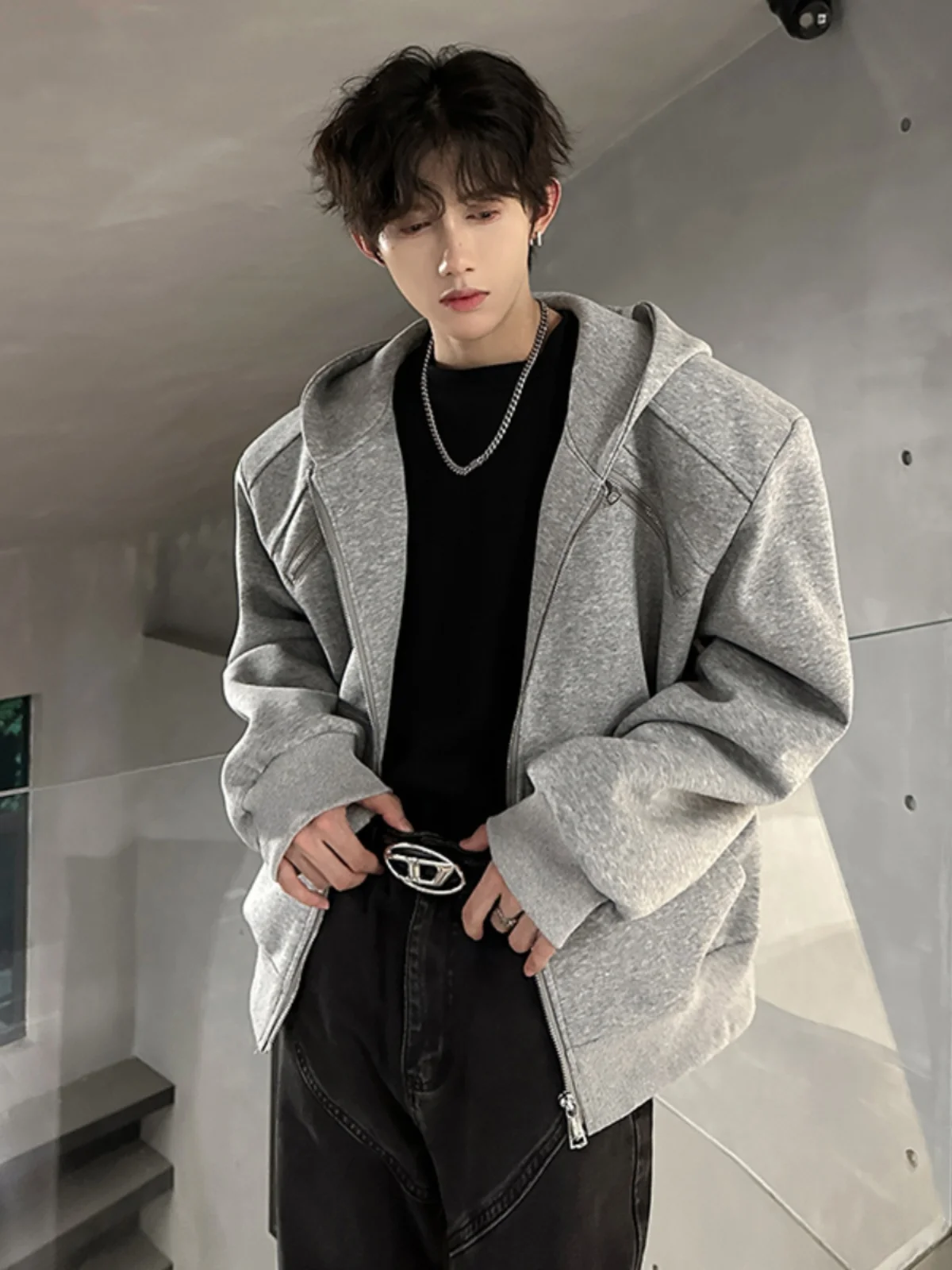 

Мужская толстовка-кардиган в стиле ретро-американский металл с капюшоном, 3D-деконструкция, уличный стиль, хлопок/полиэстер